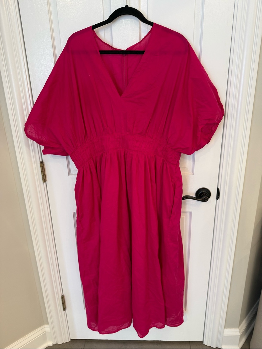 Banana Republic Cotton Fuchsia V-Neck Elastic Waist Dress